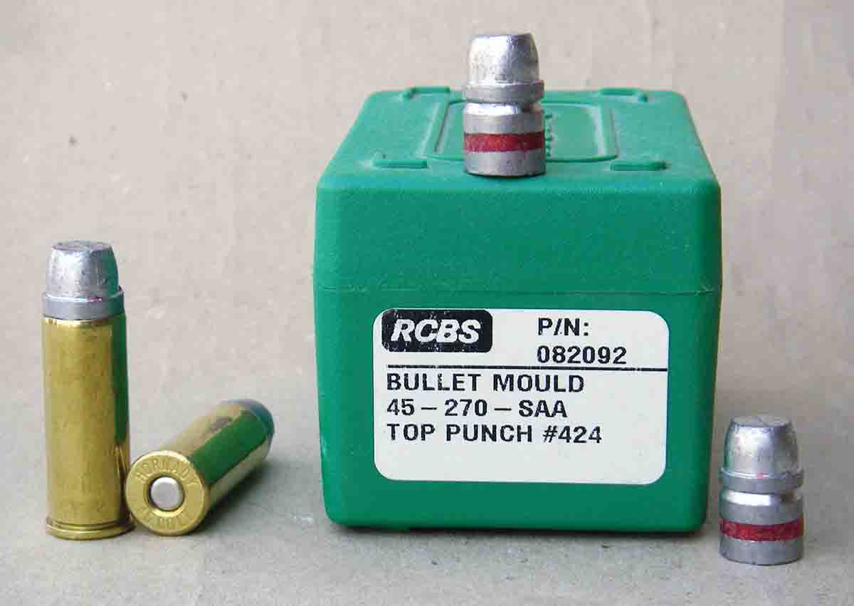Bullets from RCBS mould 45-270-SAA are widely popular when loading the .45 Colt, and typically weigh between 280 and 285 grains. Exact commercial versions are available from Montana Bullet Works and Western Bullet Company.